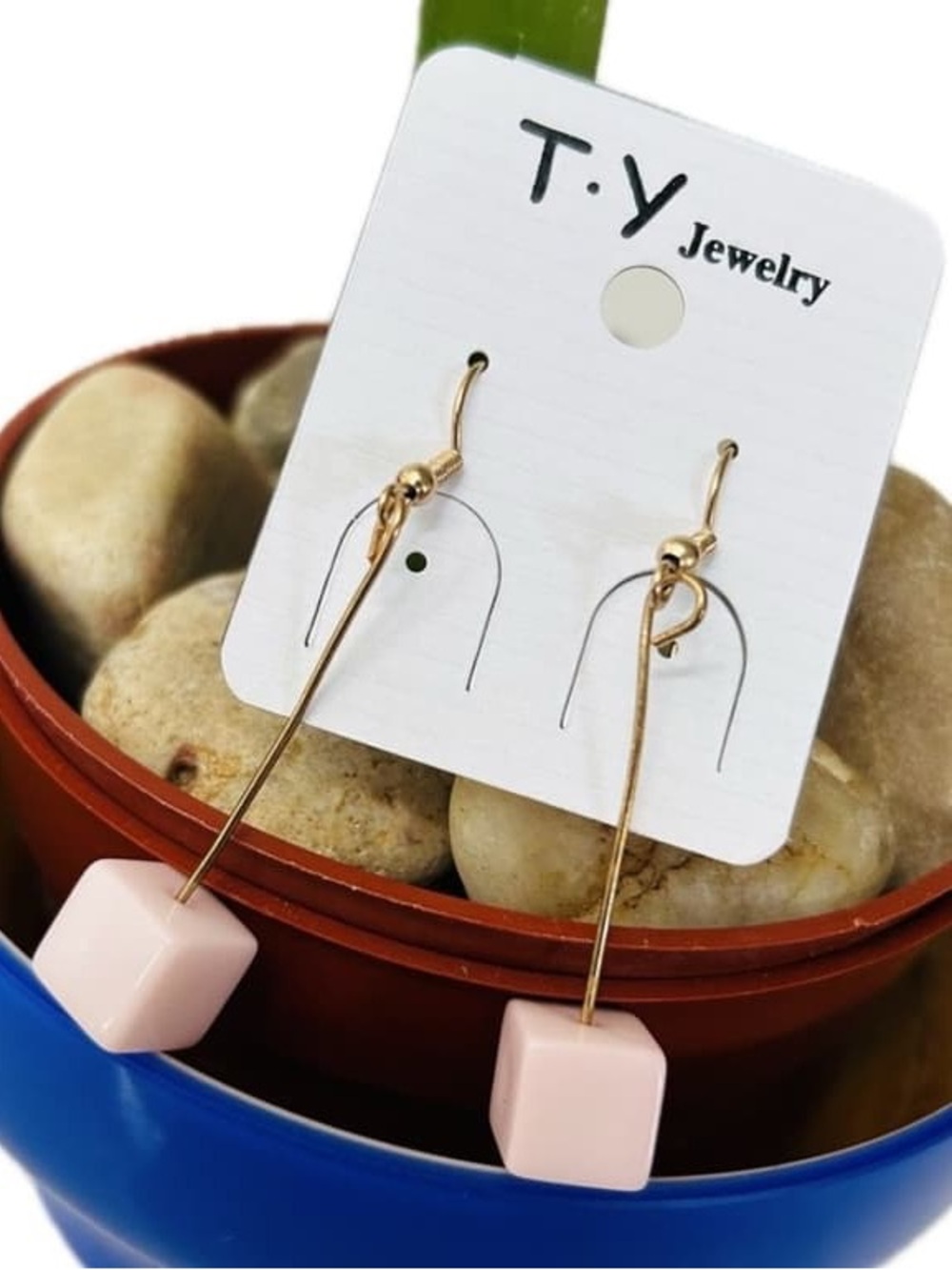 Pink Cube Drop Earrings - Gold Tone